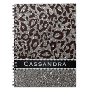 Silver & Black Glitter Leopard Print Diamonds Name Notebook