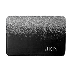 Silver Black Glitter Monogram Girly Name Initials Bath Mat