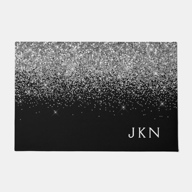 Silver Black Glitter Monogram Girly Name Initials Doormat (Front)