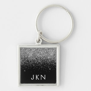 Silver Black Glitter Monogram Girly Name Initials Key Ring