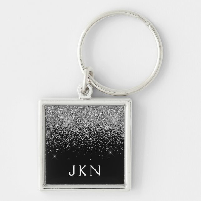 Silver Black Glitter Monogram Girly Name Initials Key Ring (Front)