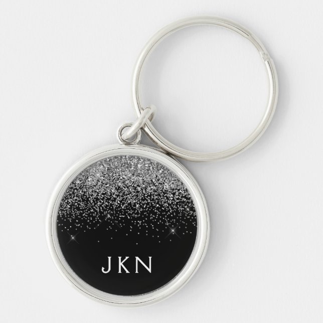 Silver Black Glitter Monogram Girly Name Initials Key Ring (Front)