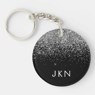 Silver Black Glitter Monogram Girly Name Initials Key Ring