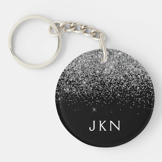 Silver Black Glitter Monogram Girly Name Initials Key Ring (Front)