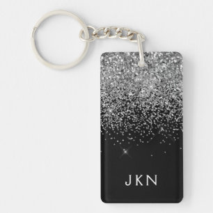 Silver Black Glitter Monogram Girly Name Initials Key Ring