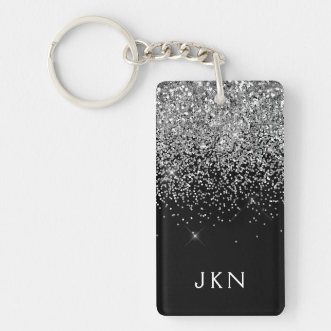 Silver Black Glitter Monogram Girly Name Initials Key Ring (Front)
