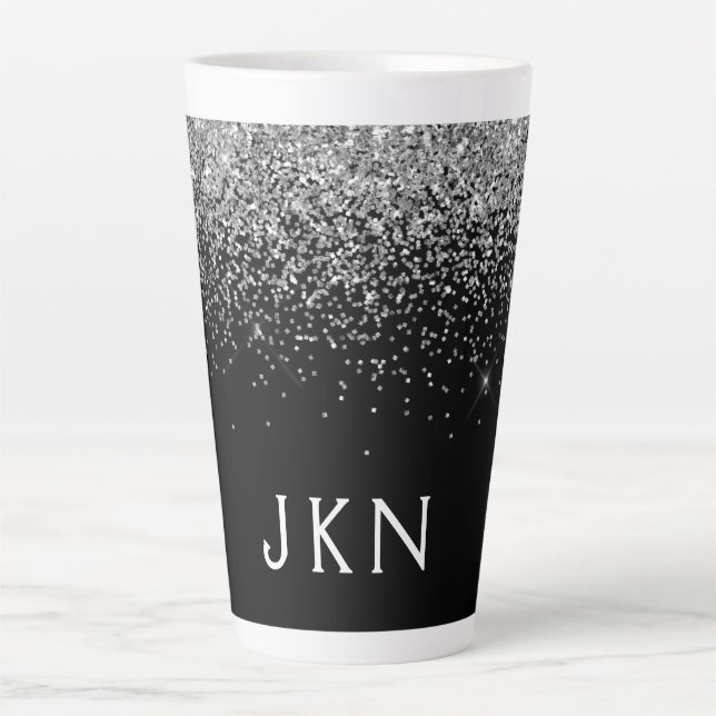 Silver Black Glitter Monogram Girly Name Initials Latte Mug (Front)