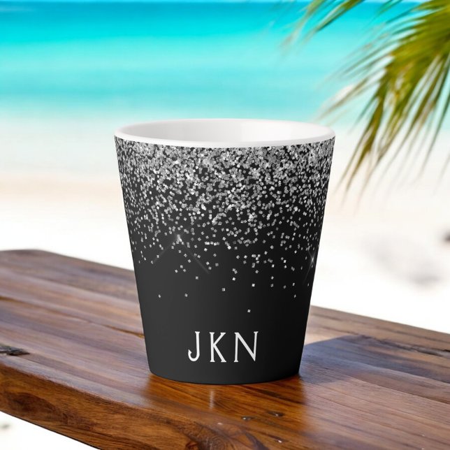 Silver Black Glitter Monogram Girly Name Initials Latte Mug (Creator Uploaded)