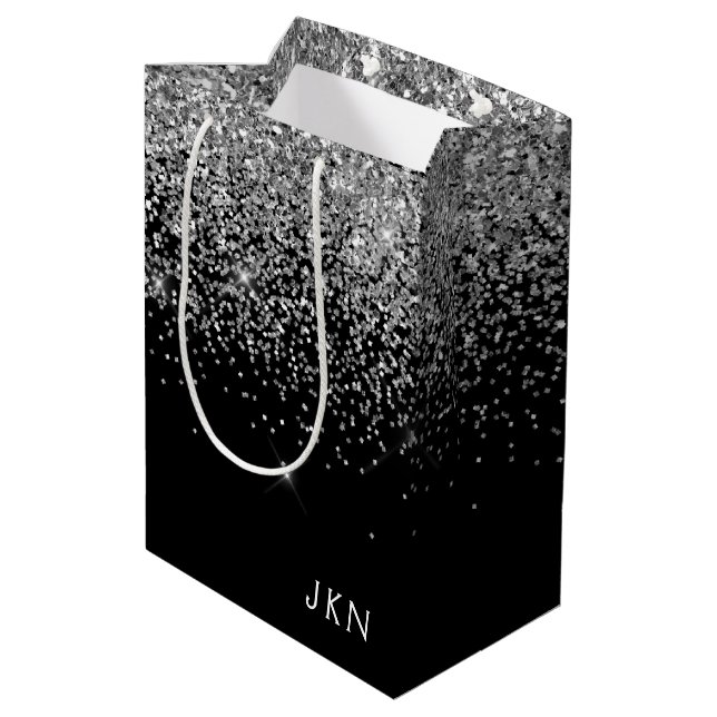 Silver Black Glitter Monogram Girly Name Initials Medium Gift Bag (Back Angled)