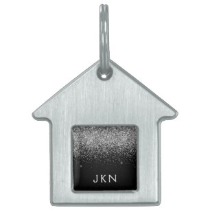 Silver Black Glitter Monogram Girly Name Initials Pet ID Tag