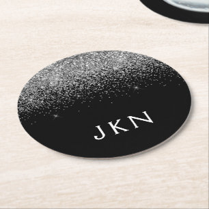 Silver Black Glitter Monogram Girly Name Initials Round Paper Coaster