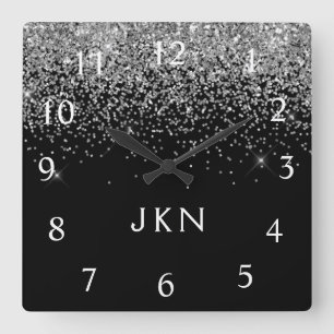 Silver Black Glitter Monogram Girly Name Initials Square Wall Clock