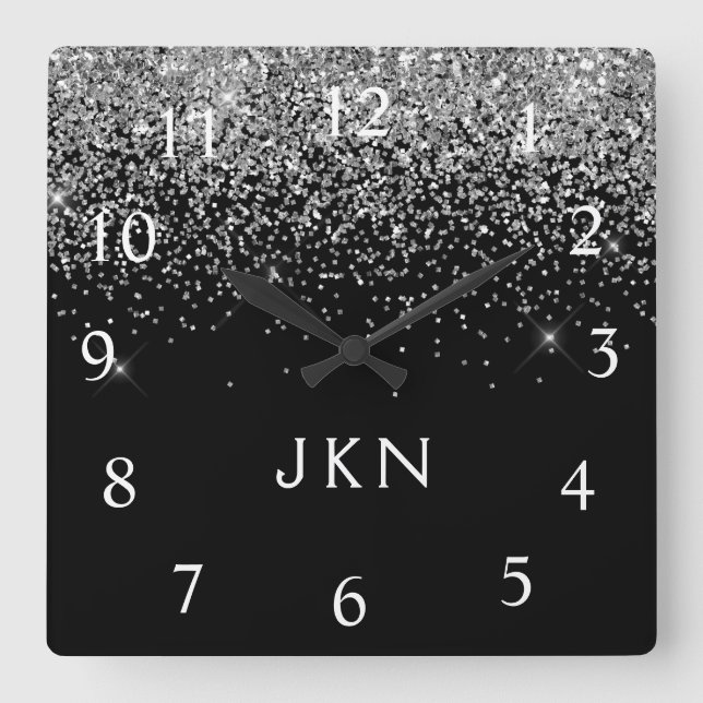Silver Black Glitter Monogram Girly Name Initials Square Wall Clock (Front)
