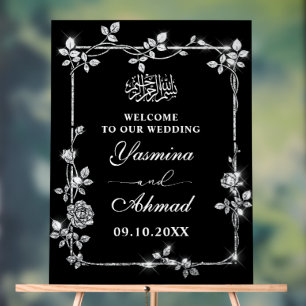 Silver Black Glitter Nikah Muslim Wedding Welcome Acrylic Sign