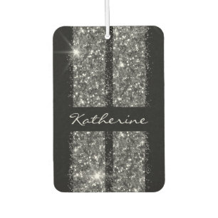 Silver Black Glitter Racing Stripes Monogrammed Car Air Freshener