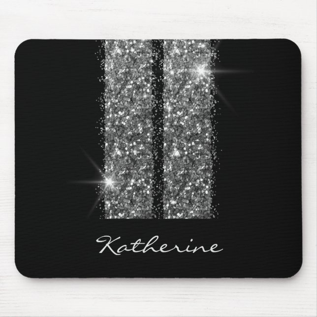 Silver Black Glitter Racing Stripes with Name Mouse Mat (Front)