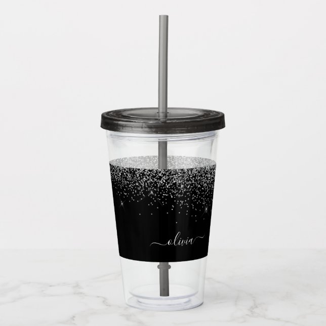 Silver Black Glitter Script Monogram Girly Name Acrylic Tumbler (Front)