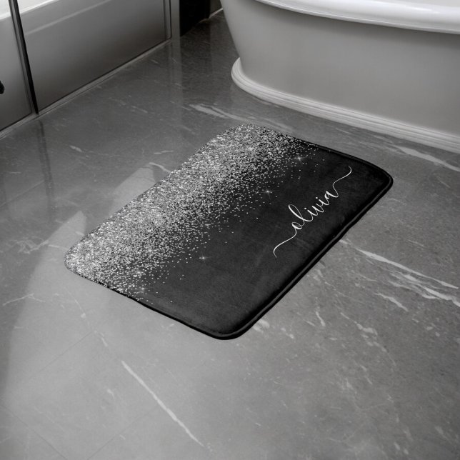 Silver Black Glitter Script Monogram Girly Name Bath Mat (Creator Uploaded)