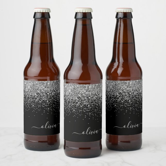 Silver Black Glitter Script Monogram Girly Name Beer Bottle Label (Bottles)