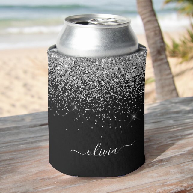 Silver Black Glitter Script Monogram Girly Name Can Cooler (Creator Uploaded)