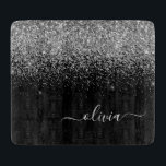 Silver Black Glitter Script Monogram Girly Name Cutting Board<br><div class="desc">Black and Silver Sparkle Glitter Script Monogram Name Cutting Board. This makes the perfect graduation,  birthday,  wedding,  bridal shower,  anniversary,  baby shower or bachelorette party gift for someone that loves glam luxury and chic styles.</div>