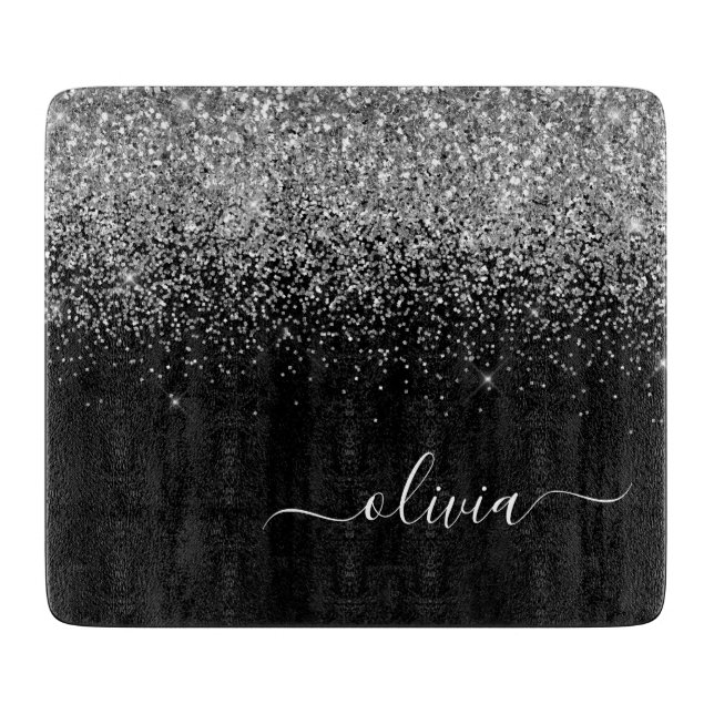 Silver Black Glitter Script Monogram Girly Name Cutting Board (Front)