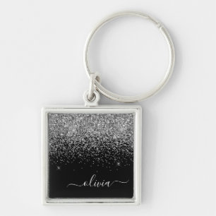 Silver Black Glitter Script Monogram Girly Name Key Ring