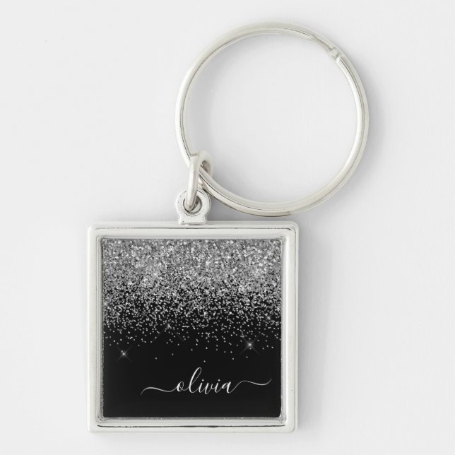Silver Black Glitter Script Monogram Girly Name Key Ring (Front)