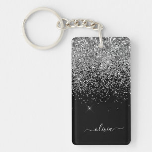 Silver Black Glitter Script Monogram Girly Name Key Ring