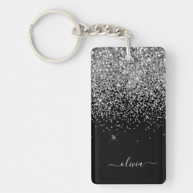 Silver Black Glitter Script Monogram Girly Name Key Ring (Front)
