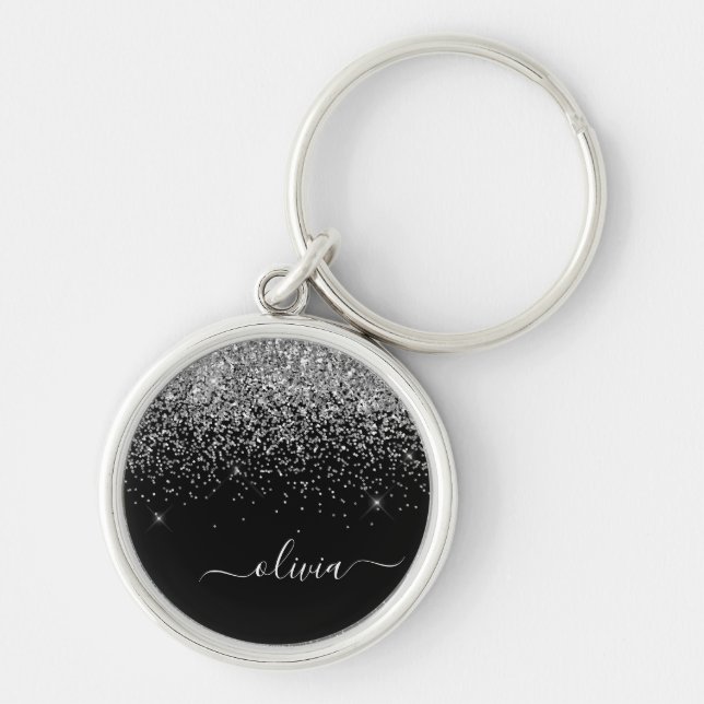 Silver Black Glitter Script Monogram Girly Name Key Ring (Front)