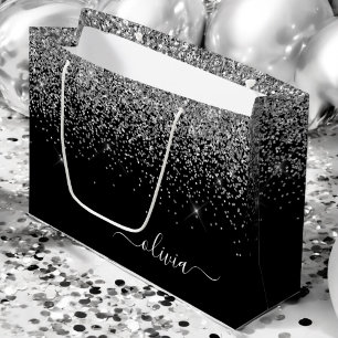 Silver Black Glitter Script Monogram Girly Name Large Gift Bag