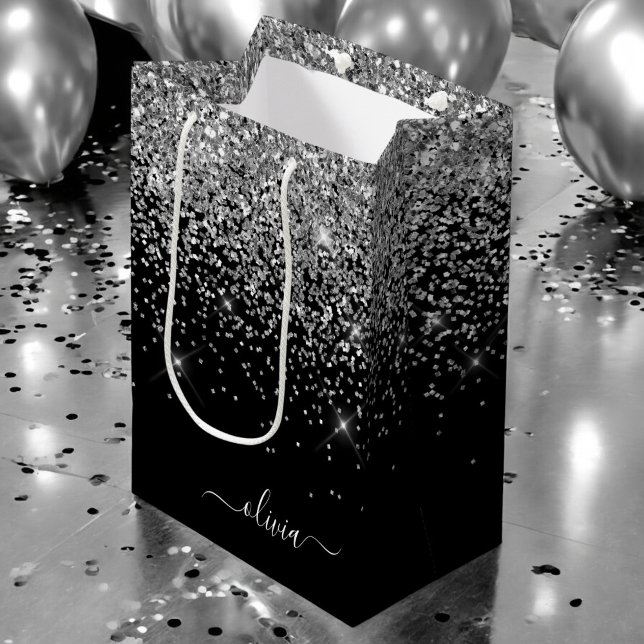 Silver Black Glitter Script Monogram Girly Name Medium Gift Bag (Creator Uploaded)