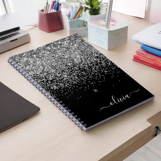 Silver Black Glitter Script Monogram Girly Name Notebook (Creator Uploaded)