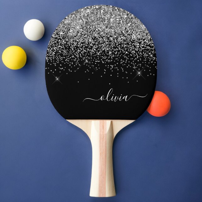 Silver Black Glitter Script Monogram Girly Name Ping Pong Paddle (Creator Uploaded)