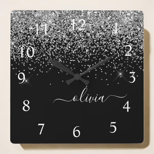 Silver Black Glitter Script Monogram Girly Name Square Wall Clock (Creator Uploaded)