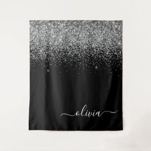Silver Black Glitter Script Monogram Girly Name Tapestry