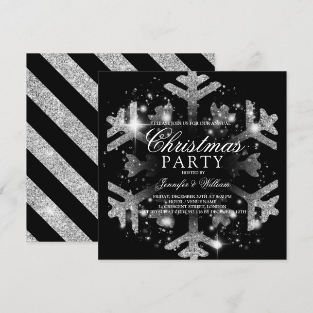 Silver& Black Glitter Snowflake Xmas Holiday Party Invitation (Front/Back)