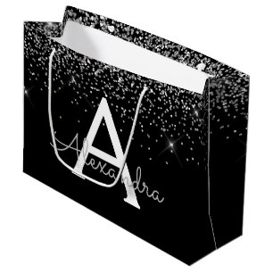 Silver Black Glitter & Sparkle Monogram Large Gift Bag