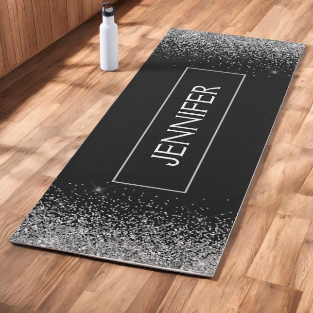 Silver Black Glitter Sparkle Monogram Name Yoga Mat (Creator Uploaded)