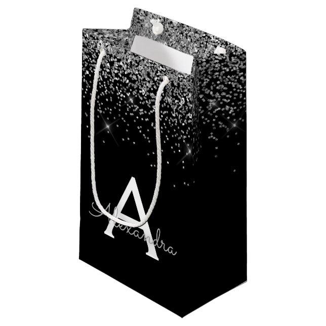 Silver Black Glitter & Sparkle Monogram Small Gift Bag (Front Angled)