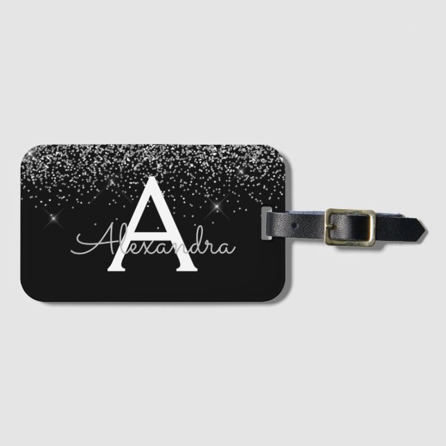 Silver Black Glitter & Sparkle Monogram Travel Luggage Tag (Front Horizontal)