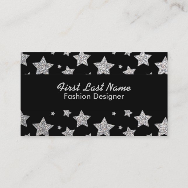 Silver black glitter stars custom business cards (Front)