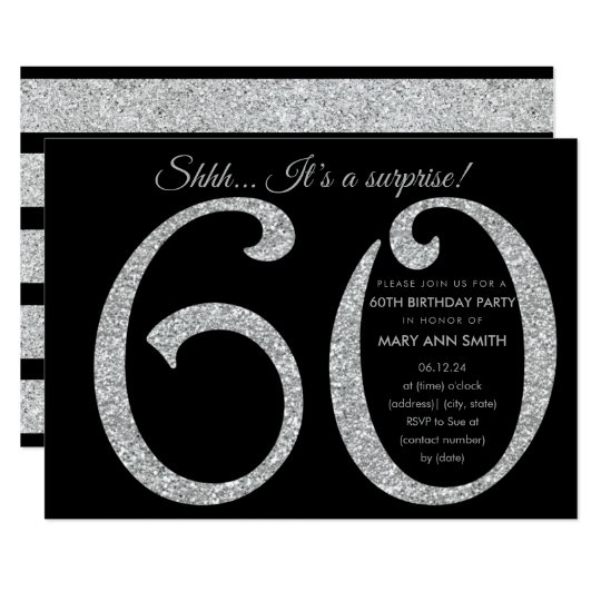 Silver Black Glitter Surprise 60th Birthday Party Invitation | Zazzle.co.uk