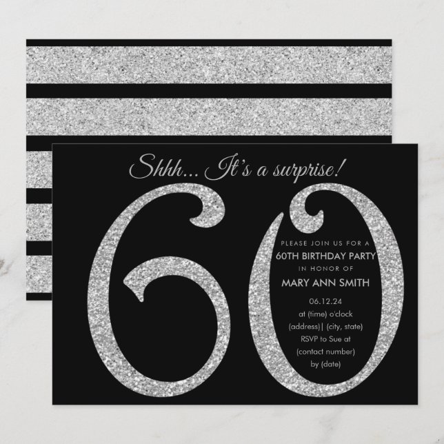 Silver Black Glitter Surprise 60th Birthday Party Invitation (Front/Back)