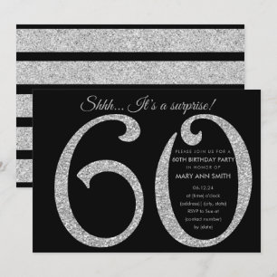 Silver Black Glitter Surprise 60th Birthday Party Invitation