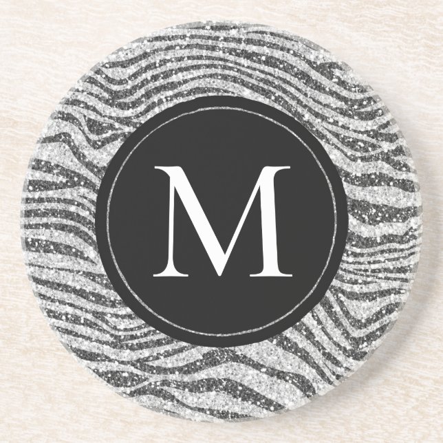Silver Black Glitz Zebra Glitter Monogram    Coaster (Front)