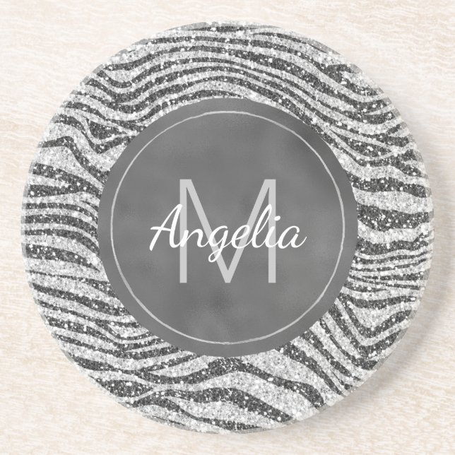 Silver Black Glitzy Zebra Glitter Monogram      Coaster (Front)