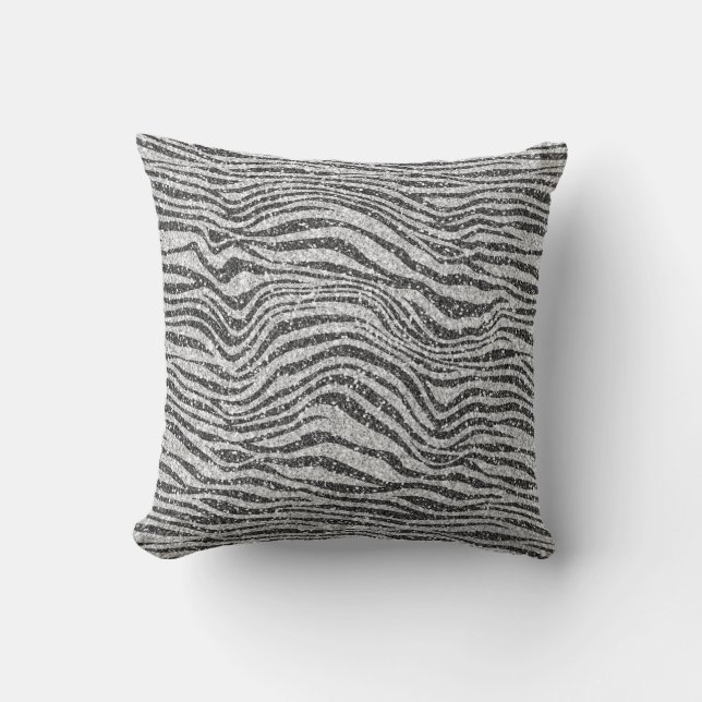 Silver Black Glitzy Zebra Print Glitter           Cushion (Front)