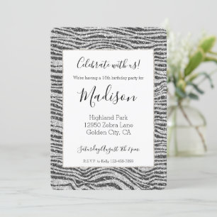 Silver Black Glitzy Zebra Print Glitter Invitation